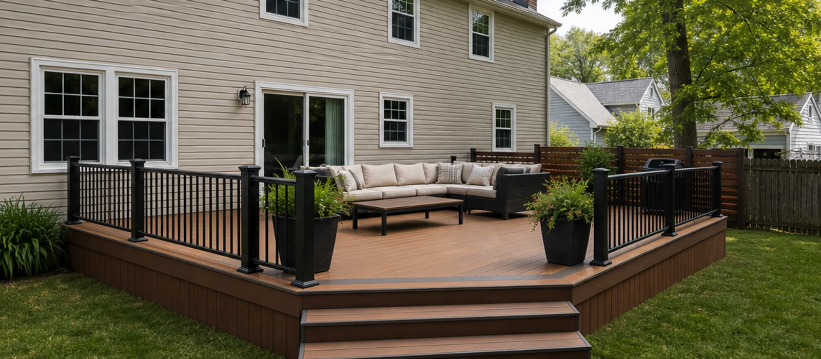 Backyard deck after installation with seating and railings