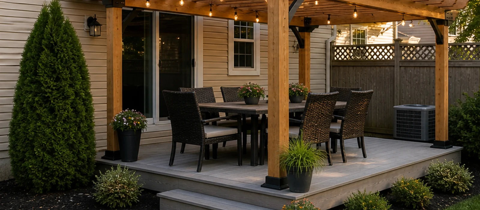 Backyard pergola and deck shade structure after installation