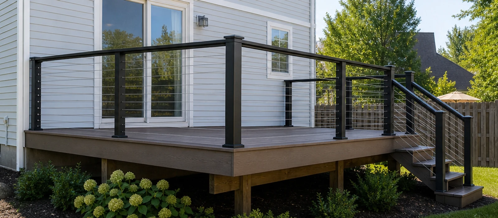 Deck with modern railing after installation