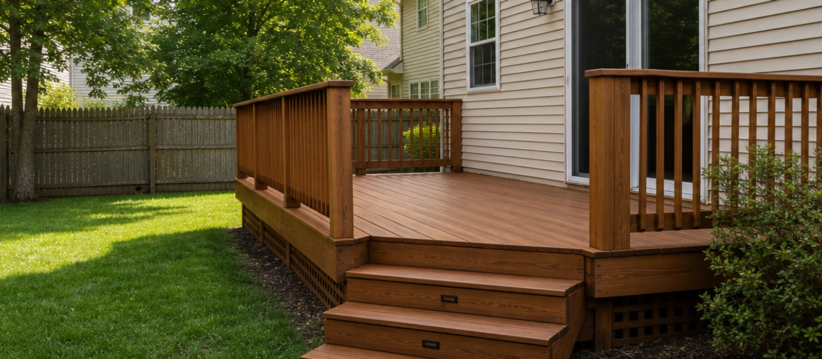 Restored wood deck after board and railing repair